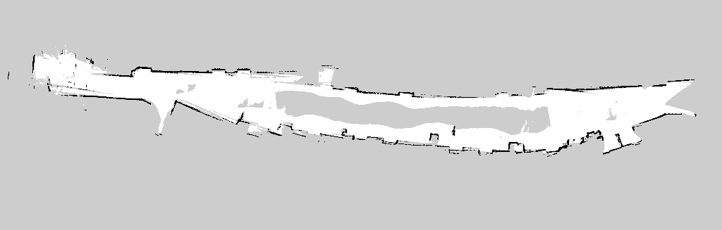 Cartographer로 생성한 51.2×16.4미터 복도 점유격자 지도. 양쪽 벽이 연속된 직선으로 이어지고 아래쪽 벽을 따라 출입문 홈이 규칙적으로 찍혀 있어요