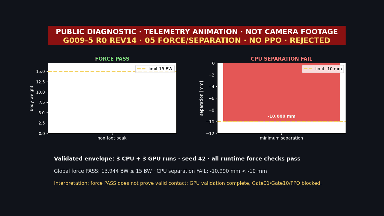 rev14 force PASS와 CPU separation FAIL을 비교하는 텔레메트리 GIF